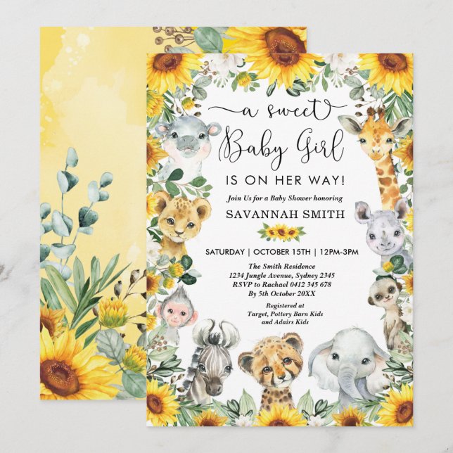 Invitation Sunflower Jungle Safari Animaux Fille Baby shower (Devant / Derrière)