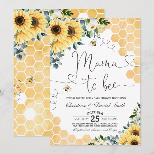 Invitation Sunflower Mama to Bee Baby shower (Devant / Derrière)