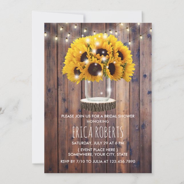 Invitation Sunflower Mason Jar Grange Bois Fête des mariées r (Devant)