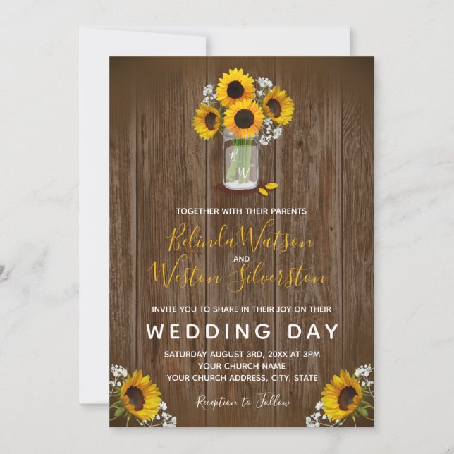 Invitation Sunflower Mason Jar Rustic Barne Mariage en bois I (Devant)
