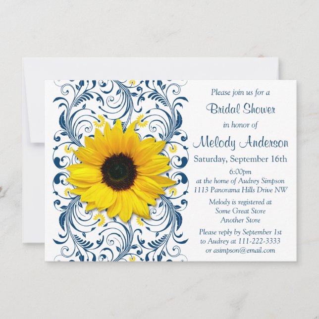 Invitation Sunflower Navy Bleu Blanc Fête des mariées florale (Devant)