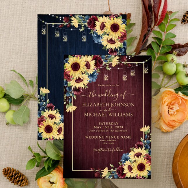 Invitation Sunflower Navy Bleu Bourgogne Floral Mariage (Créateur téléchargé)