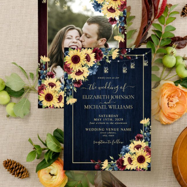 Invitation Sunflower Navy Blue Burgundy Wood Floral Photo v1 (Créateur téléchargé)