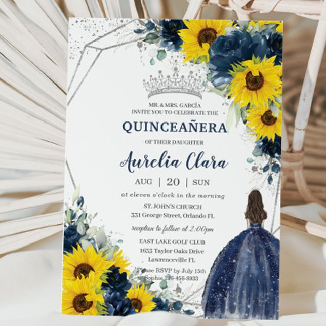 Invitation Sunflower Navy Blue Floral Princess Quinceañera (Créateur téléchargé)