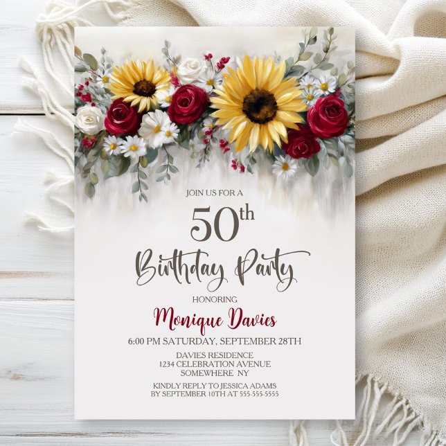 Invitation Sunflower Red Rose Floral 50th Birthday Party (Créateur téléchargé)
