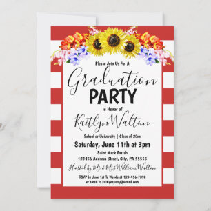 Invitation Sunflower Red Stripe Gradupe Party