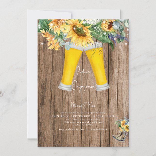 Invitation Sunflower Redneck Boots Wood Engagement Party (Devant)