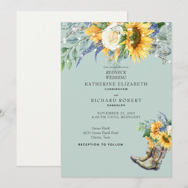 Invitation Sunflower Redneck Mariage Cowboy Boots Lumières (Devant / Derrière)