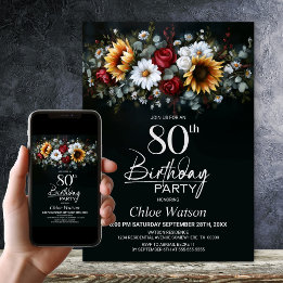 Invitation Sunflower Rose Floral Black 80th Birthday Party
