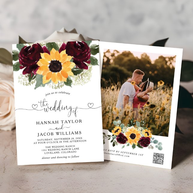 Invitation Sunflower Roses Bourgogne Rouge Photo QR Code Mari (Créateur téléchargé)