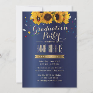 Invitation Sunflower Royal Blue Confetti Graduation Party