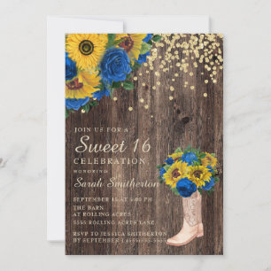 Invitation Sunflower Rustique Roses Bleues Bottes Sweet 16