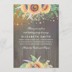 Invitation Sunflower Rustique String Lights Bois fête d'anniv