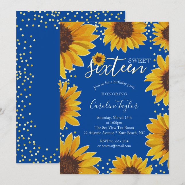Invitation Sunflower Sweet 16 Anniversaire Navy Blue & Gold (Devant / Derrière)