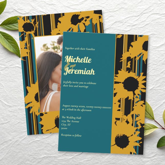 Invitation Sunflower Teal Blue Gold Modern Wedding (Créateur téléchargé)