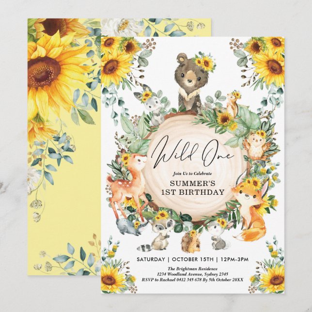 Invitation Sunflower Wild One Woodland 1er anniversaire fête (Devant / Derrière)