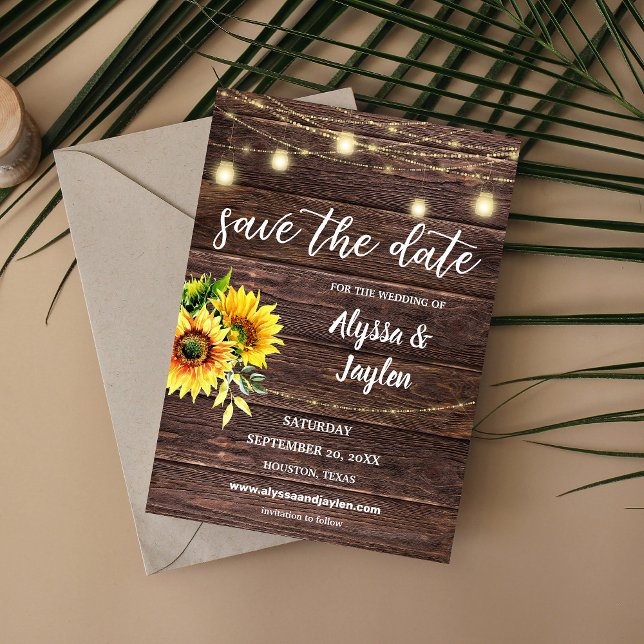 Invitation Sunflower Wood & String Lights Enregistrer la date (Créateur téléchargé)