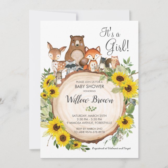 Invitation Sunflower Woodland Animaux Baby shower Girl (Devant)