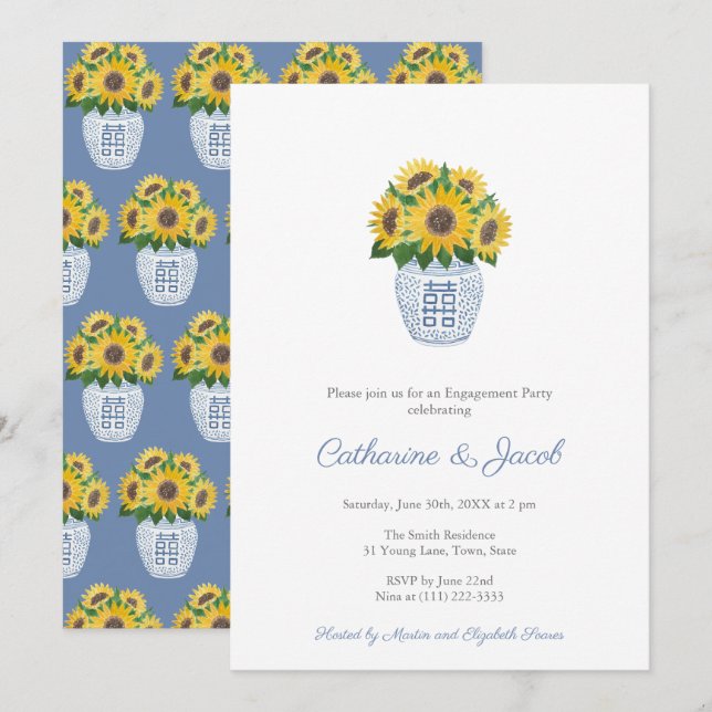 Invitation Sunflowers Bleu blanc Ginger Jar (Devant / Derrière)