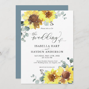 Invitation Sunflowers bleu Dusty Mariage d'eucalyptus