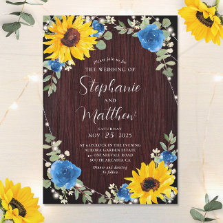 Invitation Sunflowers Blue Roses Lumières Mariage en bois