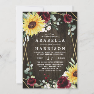 Invitation Sunflowers Bourgogne Rose Russe Mariage géométriqu