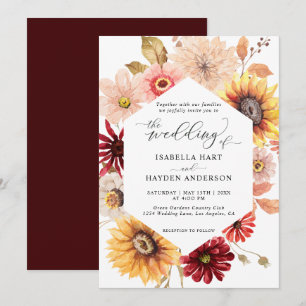Invitation Sunflowers & Burgundy Fall Wild Floral Mariage