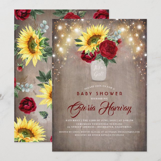Invitation Sunflowers Burgundy Red Russe Baby shower automnal (Devant / Derrière)