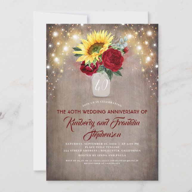 Invitation Sunflowers Burgundy Red Rustic Mariage Anniversair (Devant)
