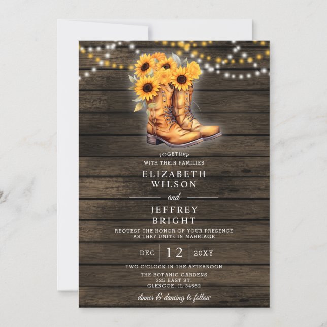 Invitation Sunflowers Cowboy Boots Barre Bois Mariage de l'Ou (Devant)