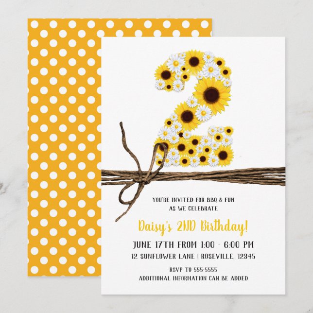 Invitation Sunflowers & Daisy DEUX 2 2ème fête d'anniversaire (Devant / Derrière)