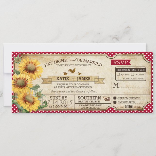 Invitation Sunflowers En vichy Check Country Pique-nique Mari (Devant)