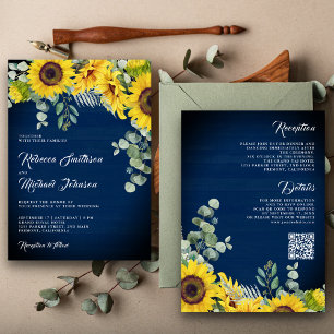 Invitation Sunflowers Eucalyptus QR Code Marine Mariage bleu