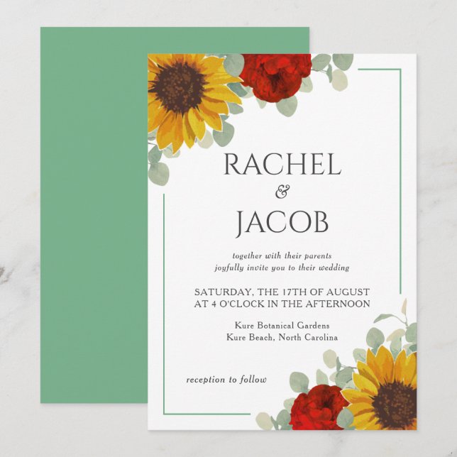 Invitation Sunflowers Eucalyptus Rose Mariage moderne (Devant / Derrière)