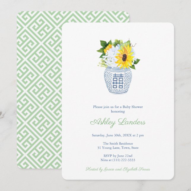 Invitation Sunflowers Ginger Jar Baby shower neutre genre (Devant / Derrière)