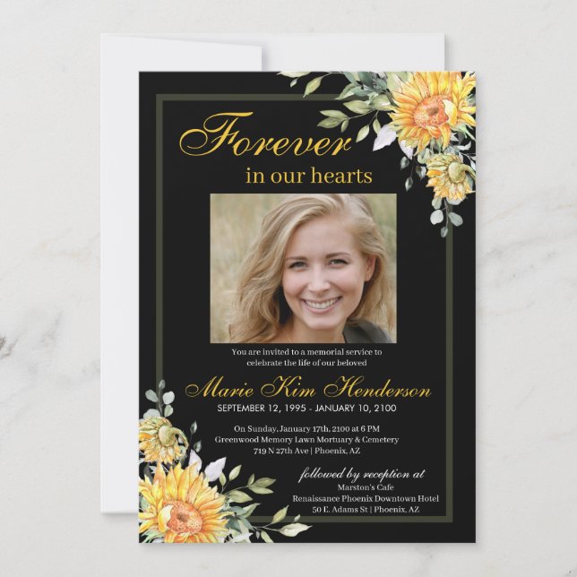 Invitation Sunflowers Green Black White Memorial Funérailles (Devant)