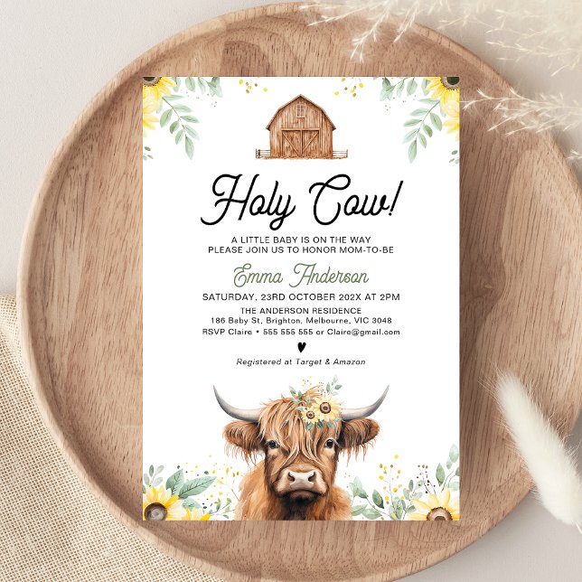 Invitation Sunflowers Highland Cow Saint-Vache Baby shower (Holy Cow Baby Shower Invitation, Gender Neutral Baby Shower Invite, Highland Cow, Yellow Sunflowers )