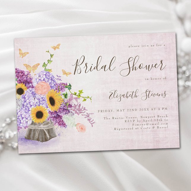 Invitation Sunflowers Lilac Hydrangea Fête des mariées chic e (rustic sunflowers wood lilac hydrangea floral bridal shower invitation garden barn farm elegant chic)