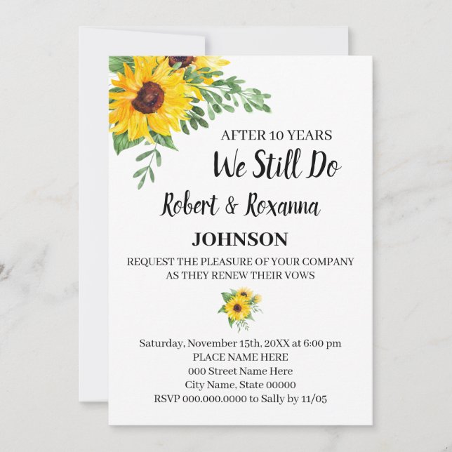 Invitation Sunflowers Mariage Anniversaire de renouvellement  (Devant)