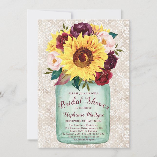 Invitation Sunflowers Mason Jar Lace Fête des mariées (Devant)