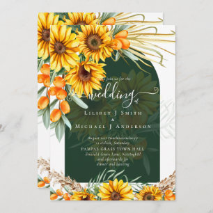 Invitation Sunflowers Pampas Grass Emerald Green BOHO Mariage