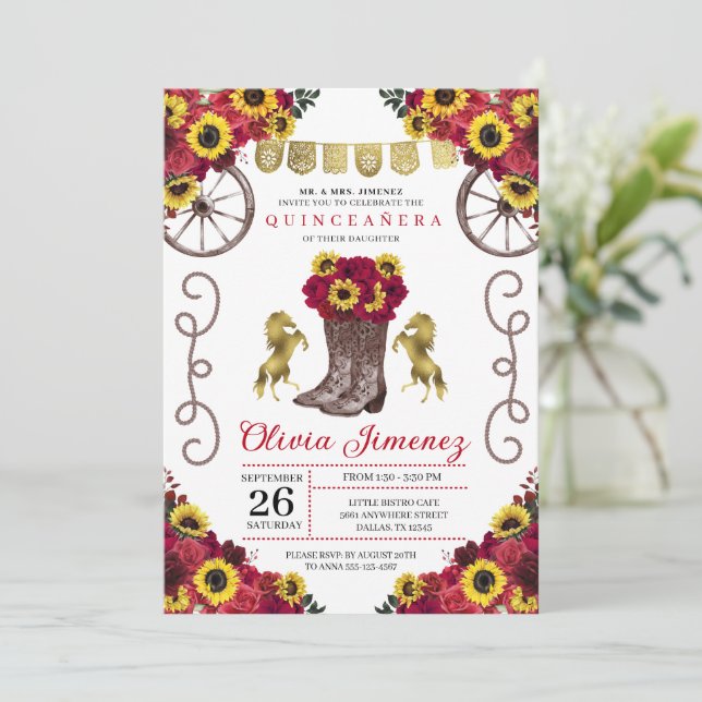 Invitation Sunflowers Red Roses Cowgirl Boots Quinceanera (Debout devant)