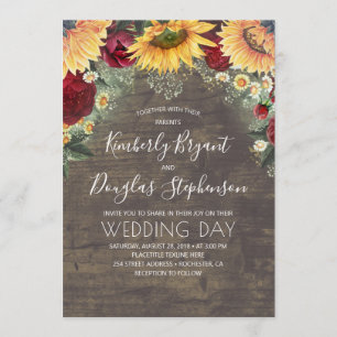 Invitation Sunflowers Red Roses Daisies Mariage rustique
