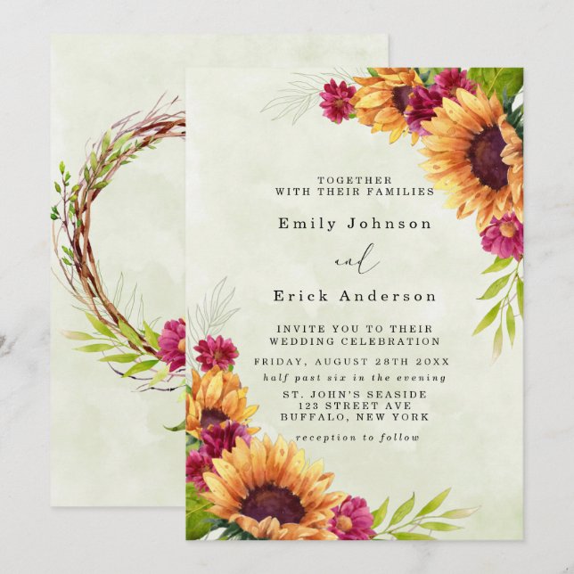 Invitation Sunflowers rose rose Mariage rustique (Devant / Derrière)