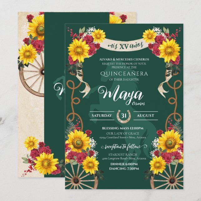 Invitation Sunflowers Rose rouge Emerald Charro Quinceanera (Devant / Derrière)