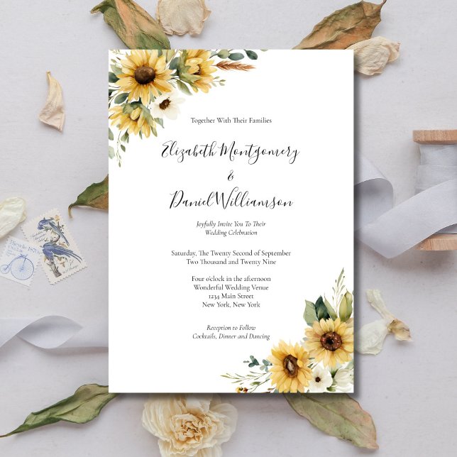 Invitation Sunflowers Rustic Farmhouse Elegant Formal Wedding (Sunflower Watercolor Florals Rustic Farmhouse Country Wedding invitation, Printed or Digital)