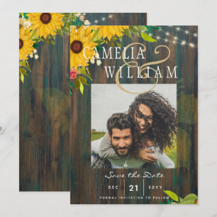 Invitation Sunflowers Rustic Wood PHOTO Mariage Enregistrer l