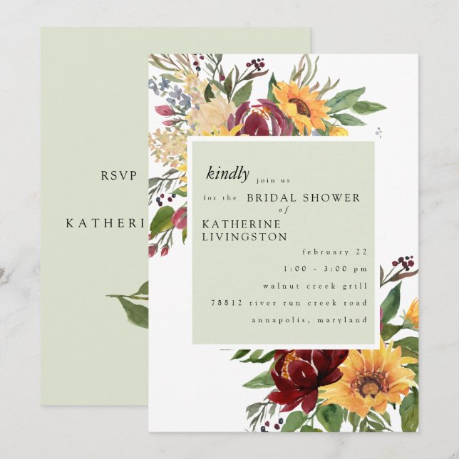Invitation Sunflowers Toscan Mint nuptiale de douche Invitati (Devant / Derrière)