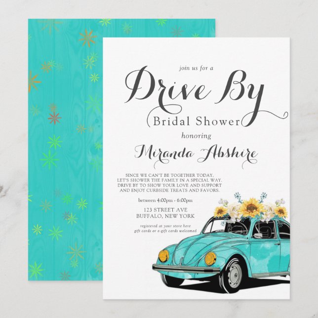 Invitation Sunflowers Turquoise Voiture En Fête des mariées (Devant / Derrière)