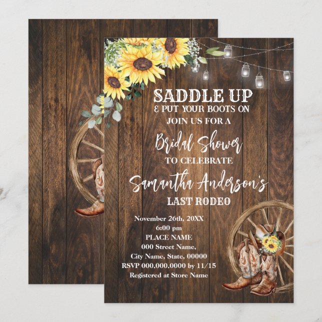 Invitation Sunflowers Western Cowgirl Saddup Fête des mariées (Devant / Derrière)